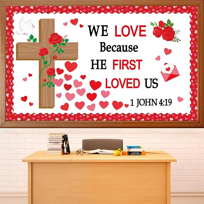 Valentine's Day Christian Bulletin Board Set Religious Bible Verse Classroom Decoration Inspirational Jesus Rose Cross Paper Cutouts Heart Bulletin Board Border for Church Sunday School VBS Wall Decor