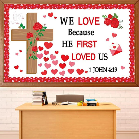 Valentine's Day Christian Bulletin Board Set Religious Bible Verse Classroom Decoration Inspirational Jesus Rose Cross Paper Cutouts Heart Bulletin Board Border for Church Sunday School VBS Wall Decor