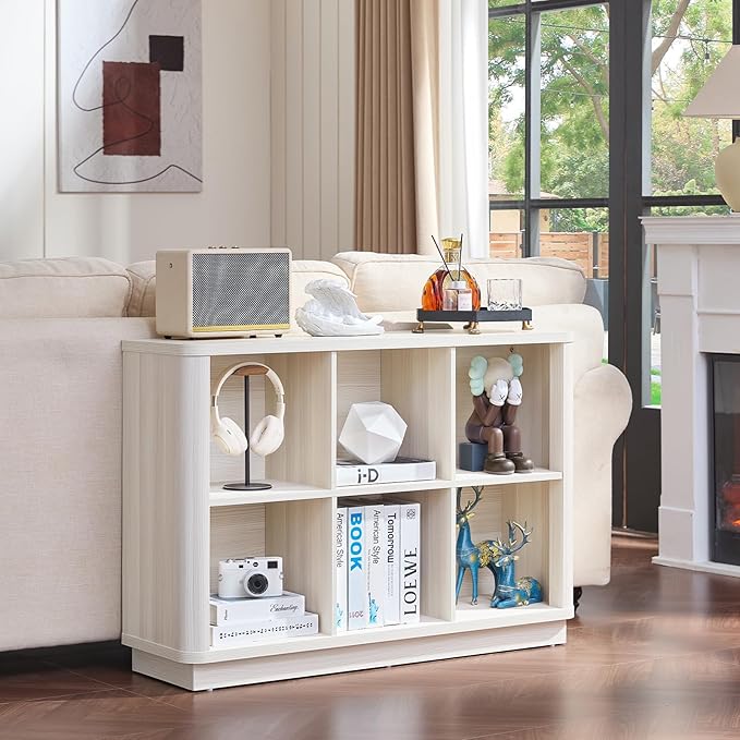 6 Cube Bookcase, 40" Wide Horizontal 2-Tier Book Shelf w/Curved Edge, Wood Low Floor Standing Bookshelf with Base, Modern Short Storage Organizer for Living Room,Office, Gray-White Cream Oak