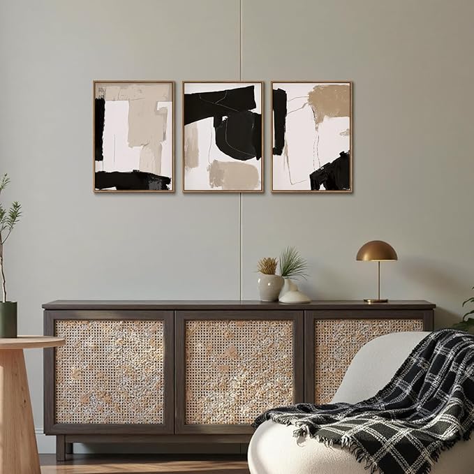 myusuar 3 Piece Large Modern Abstract Canvas Framed Wall Art For Living Room, Black And Beige Blocks Minimalist Wall Art Decor Posters Prints For Bedroom Office, 12x16in