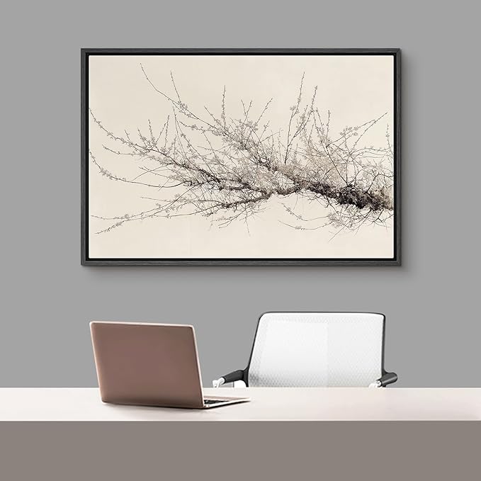 SIGNFORD Framed Canvas Print Wall Art Minimalist Branch with Blossoms in Sepia Tones Illustrations Modern Art Decorative Bohemian Relax/Calm for Living Room, Bedroom, Office - 24"x36" Black