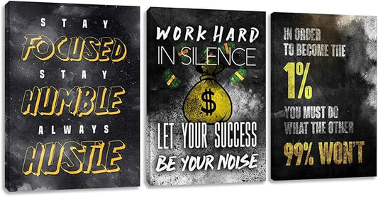 3 Piece Inspirational Wall Art Large Motivational Hustle Canvas Wall Art Success Wall Decor Office Wall Art Quote Wall Art Inspiring Framed Wall Decor for Bedroom Office(60''Wx28''H)