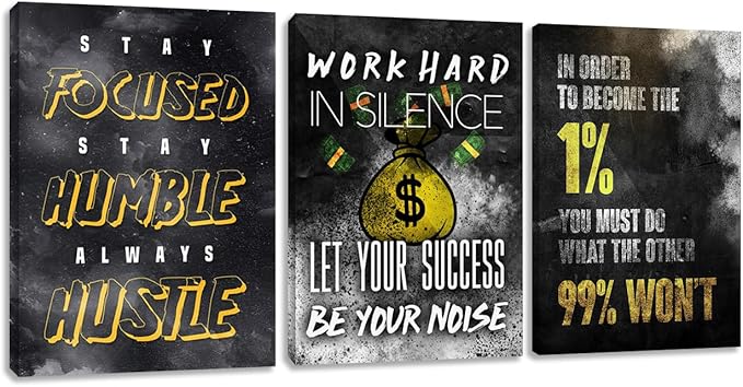 Modern Motivational Success Quotes Wall Art Canvas Art 3 Piece Black Wall Art Inspiring Entrepreneur Hustle Poster Prints Wall Decor Office Wall Decorations Framed Posters for Office(36''Wx 16''H)
