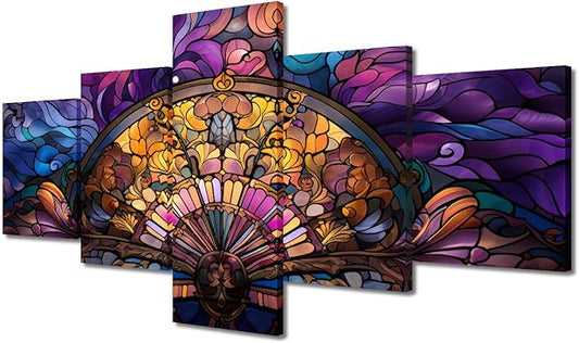 Canvas Wall Art for Bedroom Modern Native Americans Abstract Canvas Wall Decor Stained Glass Style Colorful Poster 5 Panel Fan Canvas Art for Room Decor Stretched and Framed Ready to Hang 50x24 in