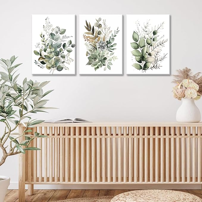 Bwodke Botanical Wall Art Plant Floral Watercolor Canvas Prints Set of 3 Framed Sage Green Painting Eucalyptus Leaf Picture Modern Minimalist Boho Decor Bedroom Bathroom Living Room 12"x16"