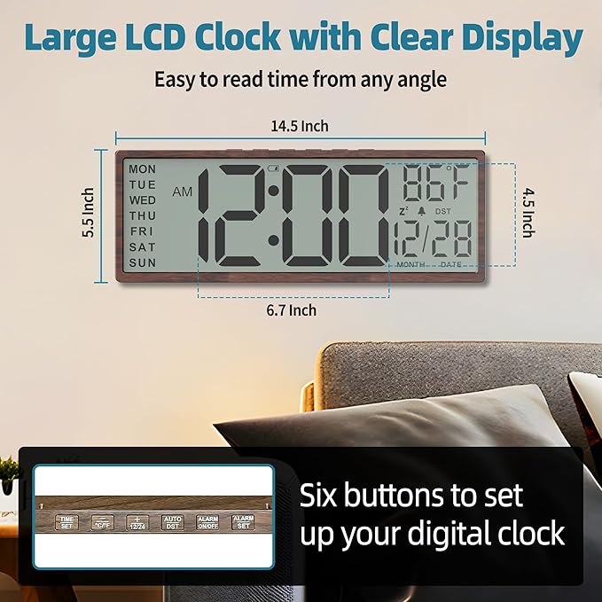 15" Large Digital Wall Clock Battery Operated Black, Clock with Large Display Numbers, Calendar, Auto DST, Clocks for Living Room, Kitchen, Office, Bedroom