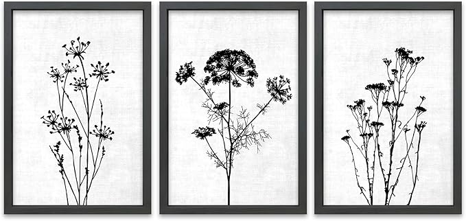 TQianJiang Flower Plant Wall Decor 16"x11" Black And White Botanical Painting Wood Framed Set of 3 Bedroom Office Abstract Wildflower Sign Hanging Art (Black)