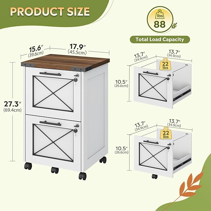 DEVAISE 2 Drawer File Cabinet with Hanging Files, Mobile Rolling Storage Cabinet for Home Office, Under Desk Filing Cabinet with Lock, Printer Stand, White