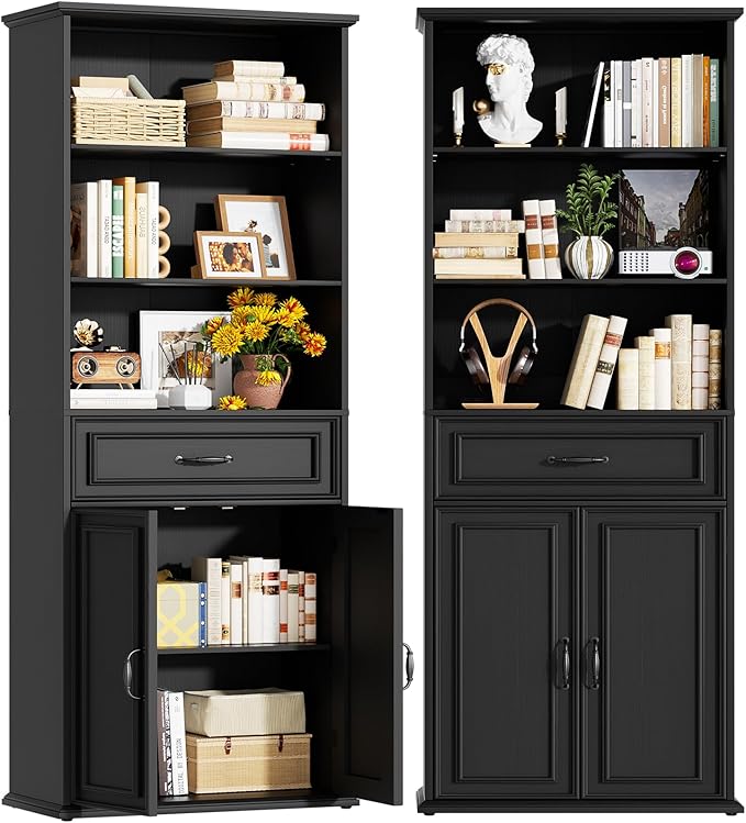 Cyclysio 80" Tall Bookcase Set of 2, Farmhouse 2 Set Bookshelves with Drawer and Doors, Floor Standing 6 Shelf Display Storage Cabinet for Home Office, Living Room (2, Black)