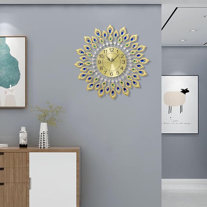 24.0 Inch Gold Large Wall Clocks for Living Room Decor,Elegant 3D Modern Wall Clock with Dial Arabic Numberals Non-Ticking Silent Big Wall Clocks,Diamond Round Home Decoration Kitchen Clocks