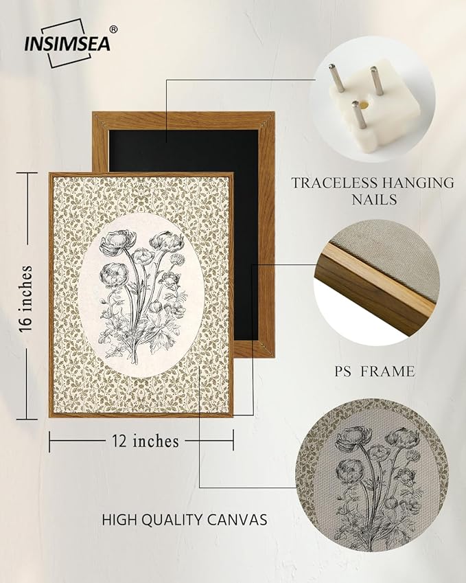 InSimSea Framed Canvas Prints Art Vintage Decor, Classical Neutral Floral Painting, Rustic Cottage Roses Flower Nursery Wall Art for Living Room Bedroom Home Bathroom Wall Decor, 12x16inch