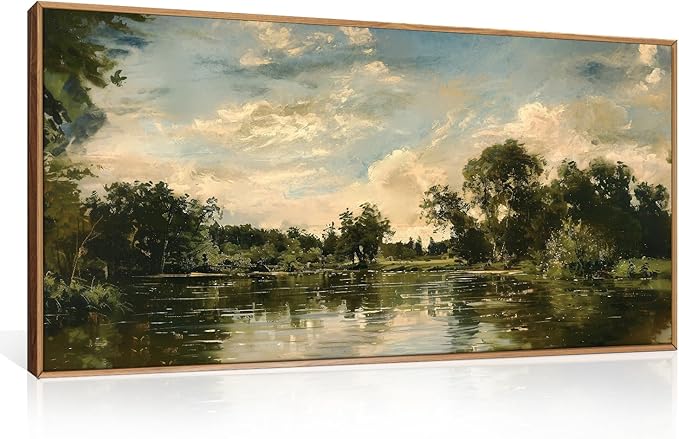 Aryroi Large Natural Forest and Lake Framed Canvas Wall Art,Modern Countryside Wall Decor,Vintage Neutral Landscape Artwork,Rustic Antique Scenery Art Print for Living Room,Bedroom,Office- 40"x20"x1