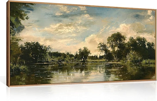 Aryroi Large Natural Forest and Lake Framed Canvas Wall Art,Modern Countryside Wall Decor,Vintage Neutral Landscape Artwork,Rustic Antique Scenery Art Print for Living Room,Bedroom,Office- 40"x20"x1