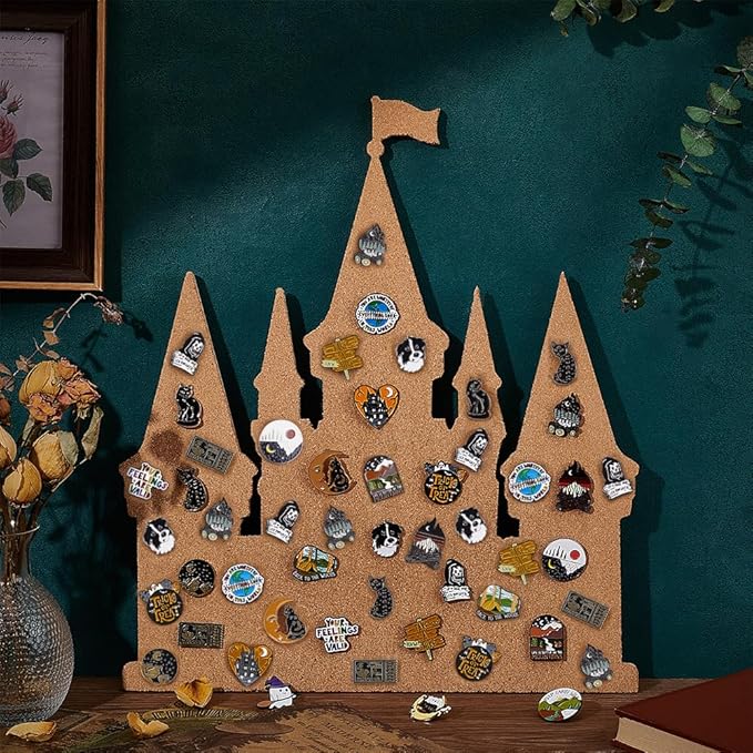 BENECREAT Castle Pin Board Cork Board, 14.2x11.8inch Bulletin Display Board Brooch Jewelry Display Cork Tray for Brooch Pin Collection Display, Office Home and School Decor