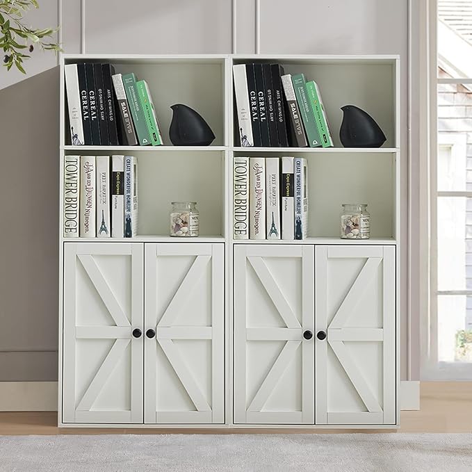 White 4-Tier Bookshelves for Living Room, Farmhouse Tall Bookcase with Doors, Wooden Bookshelf with Storage Cabinet and Shelves for Living Room, Home Office (2PCS)