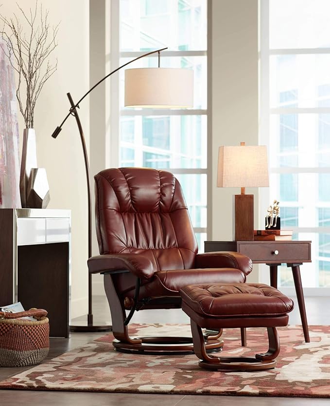 Possini Euro Design Raymond Modern Arched Floor Lamp Standing 69" Tall Bronze Brown Metal Slim Profile Off-White Linen Drum Shade Adjustable Boom Arm for Living Room Reading House Family Bedroom