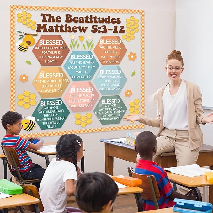 Christian Bulletin Board Decoration The Beatitudes Matthew 5:3-12 Classroom Decoration Motivational Bible Verse Poster Paper Cutouts for Back to School Sunday School Church Parish Decor（Groovy）