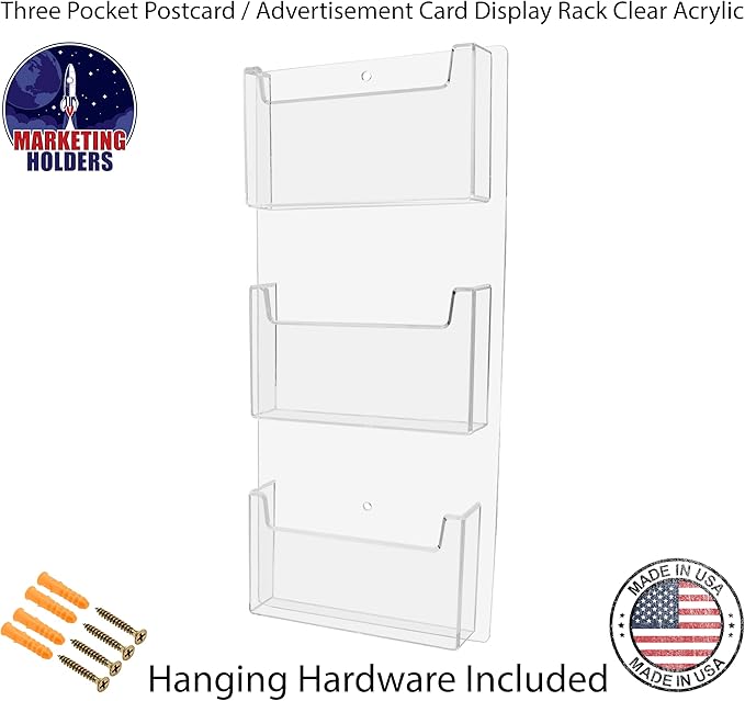 Marketing Holders Postcard Holder 3 Slot Acrylic Wall Mount with Hardware for 6" Greeting Cards Index Card Bin for Schools and Universities Rack Distribution Display for Hotels