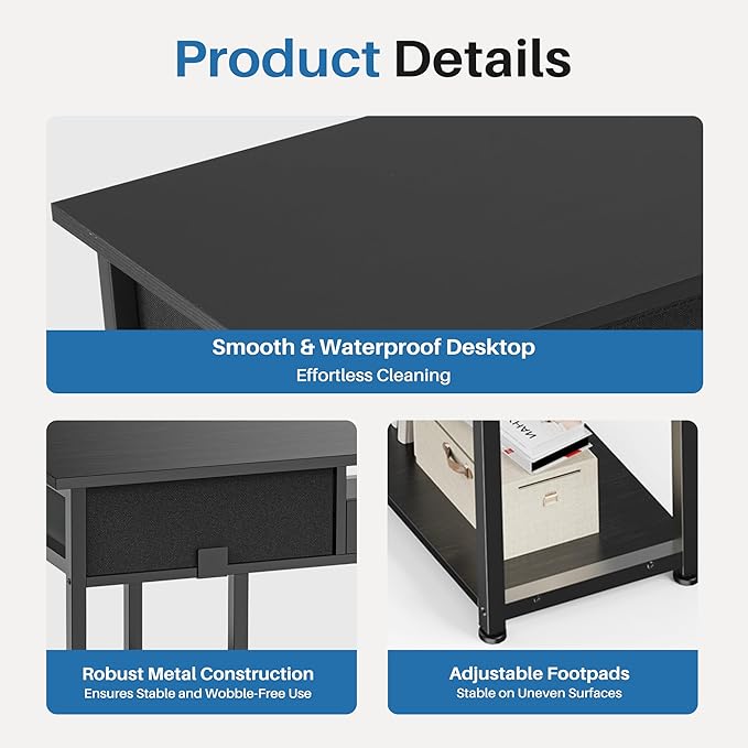 OLIXIS Desk with Storage Fabric Drawers-48 Inch Home Office Computer Desk for Small Space Bedroom,Modern Study Work Gaming Writing Table PC Desks,Chic Black
