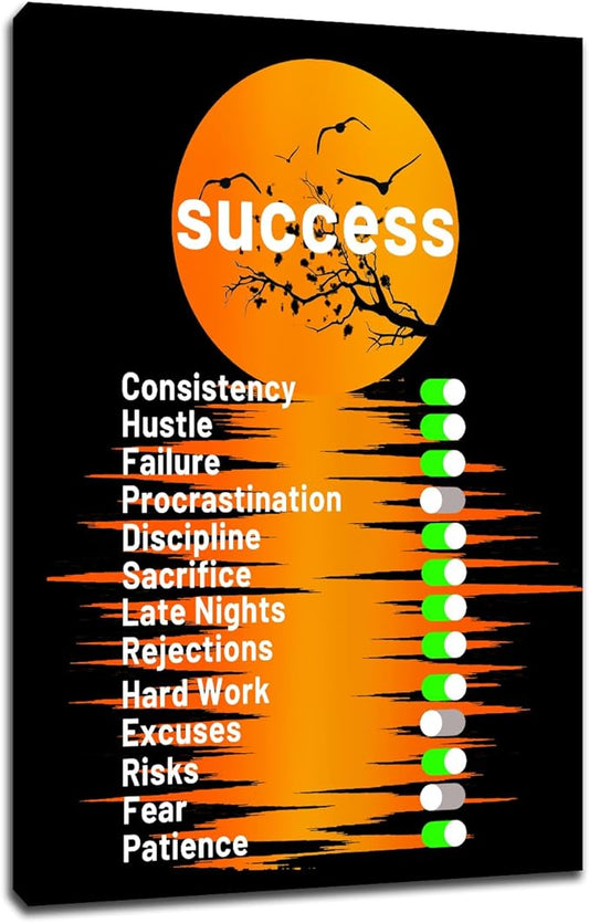 Inspirational Canvas Wall Art Poster Print Success Motivational Entrepreneur Quotes Beautiful Moon Background Picture Painting Artwork for Modern Home Bedroom Bathroom Ready to Hang [12''Wx18''H]