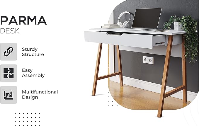 Modern Design Parma Small Desk for Bedroom, White Writing Desk 42 Inch with Drawer, by Crafts and Comfort
