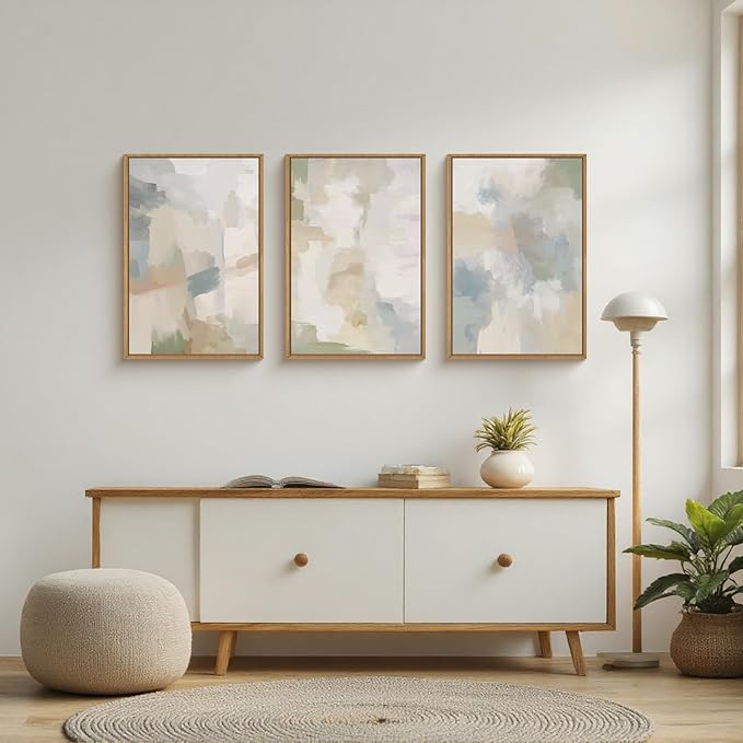 Large Abstract Gray Pastel Framed Canvas Wall Art Set,Neutral Watercolor Brush Stroke Wall Decor,Modern Minimalist Beige Illustration Artwork for Living Room,Bedroom,Dining Room -24"x36"x3