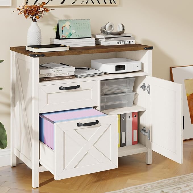 Lateral File Cabinet with 2 Drawers and Door Farmhouse File Cabinet for A4/Letter Size Hanging Files, Large Wood File Storage Cabinets Printer Stand with Open Space for Home Office Furniture, White