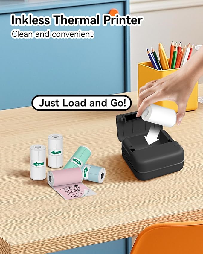 Aptika Sticker Printer - Print Pod 2.0 Mini Printer with 14 Rolls Sticky Paper, Thermarote Portable Sticker Maker Machine, Thermal Label Maker, Thermanote Labeller for Photos Notes Graphics, Black