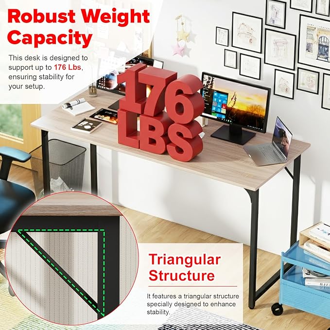 PayLessHere | 55 Inch Computer Desk | Nature | Office Desk with Metal Frame, Adjustable Feet | Water-Resistant, Scratchproof Surface | Sturdy Writing Table for Home Office or Study | Pack of 1