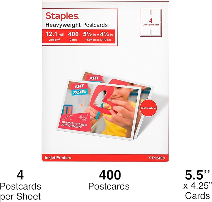 STAPLES Matte Postcards, 5.5” x 4.25”, White, 800/Carton – Blank Postcards for Printing & Mailing