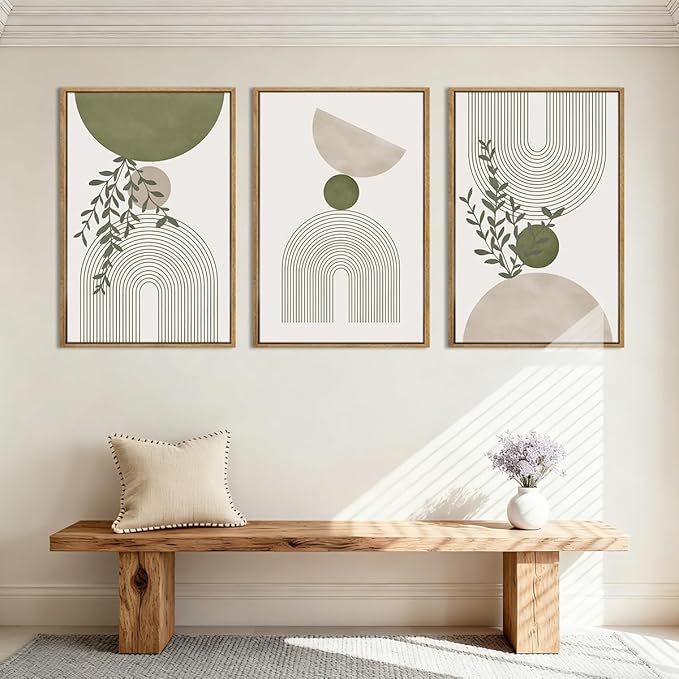 ANHUIB Boho Abstract Wall Art Canvas,Sage Green Wall Decor Framed,Geometric Line Art Prints Leaves,Minimalist Artwork Botanical,3 Piece 16x24In Beige Nature Painting for Living Room Bedroom