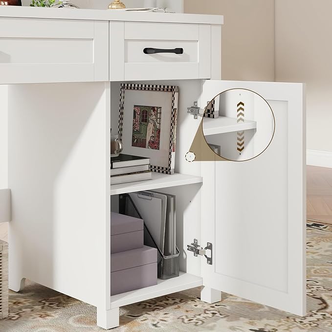 Farmhouse 47" Executive Desk, Computer Desk with Drawers and Storage Cabinet, Workstation Computer Desk for Home Office and Study.(Cream White)