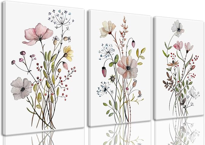 Bwodke Framed Wildflower Canvas Wall Art Pink Watercolor Botanical Floral Poster Prints Set of 3 Modern Minimalist Flower Pictures Home Decor Painting Bedroom Bathroom Living Room 16"x24"