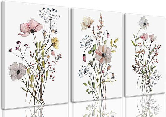 Bwodke Framed Wildflower Canvas Wall Art Pink Watercolor Botanical Floral Poster Prints Set of 3 Modern Minimalist Flower Pictures Home Decor Painting Bedroom Bathroom Living Room 12"x16"