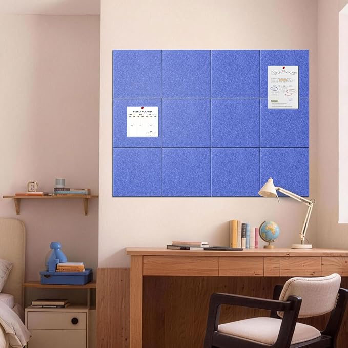 MISSDAY Blue Acoustic Wall Panel Felt Bulletin Board 48" x 36" Cork Board for Wall, 12-Pack Boards with 72 Removable Adhesive Tabs, 50 Pins, Pin Board for Home Office Classroom Soundproof Wall Tile