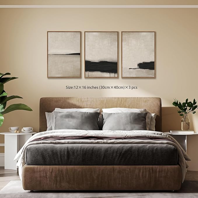 myusuar 3 Piece Large Modern Abstract Canvas Framed Wall Art For Living Room, Black And Beige Vintage Minimalist Wall Art Decor Posters Prints For Bedroom Office 12x16in