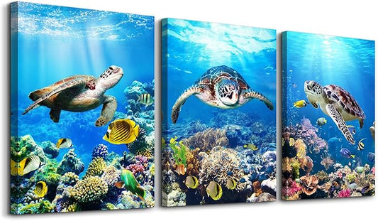 MHARTK66 Canvas Wall Decor - Modern Sea Turtle Wall Art, Ocean Pictures, 3 Piece Large Artwork for Bedroom, Living Room, Office, Bathroom