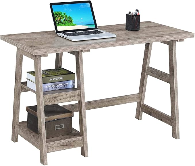 Convenience Concepts Designs2Go Trestle Desk 47" - Modern Desk or Vanity with Shelves, for Office, Dorm, Living Room, Sandstone