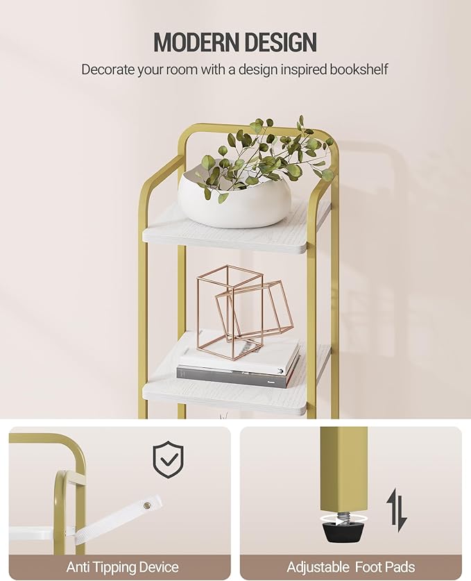 Bookcase Bookshelf, 6-Tier Narrow Book Shelf, Industrial Coner Shelf Storage Organizer, Slim Shelving Unit for Home Office, Living Room, Bedroom, Kitchen, White Gold BC24613G