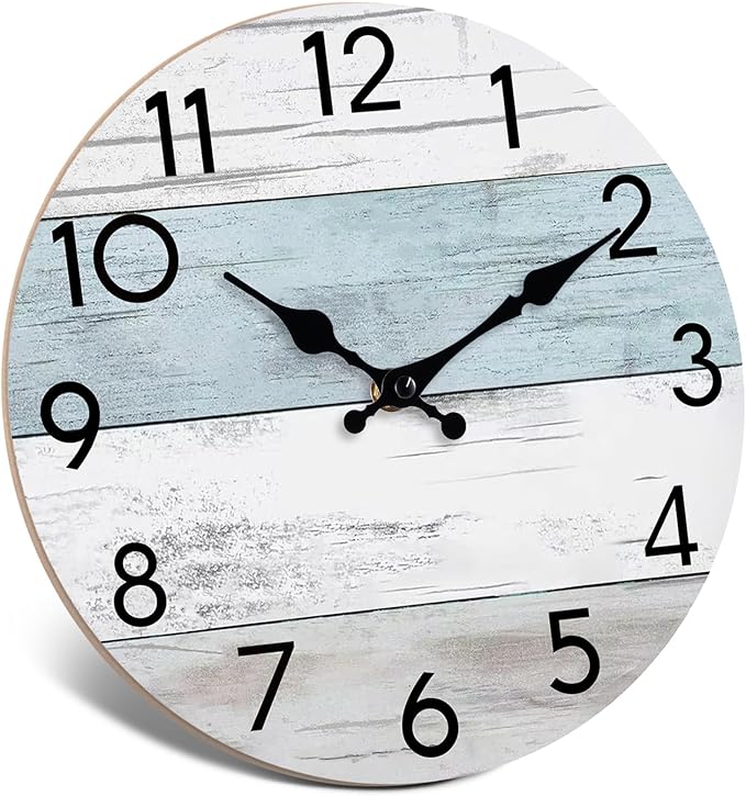 Wall Clock Silent Non-Ticking Wooden Clocks Battery Operated 12 Inch Small Country Retro Rustic and Beach Style Decorative for Living Room, Kitchen, Home,Bathroom, Bedroom (Blue)