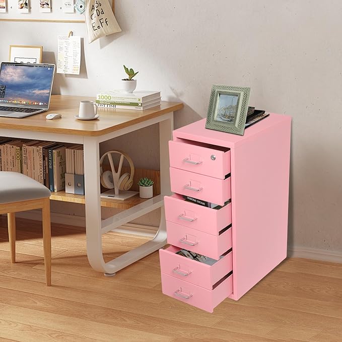 6 Drawer Rolling Metal Filing Cabinet, Metal Vertical Filing Cabinets with Lock, Rolling Under Desk Steel Lockable Filing Cabinets with Wheels, Vertical Files Cabinet for Home Office