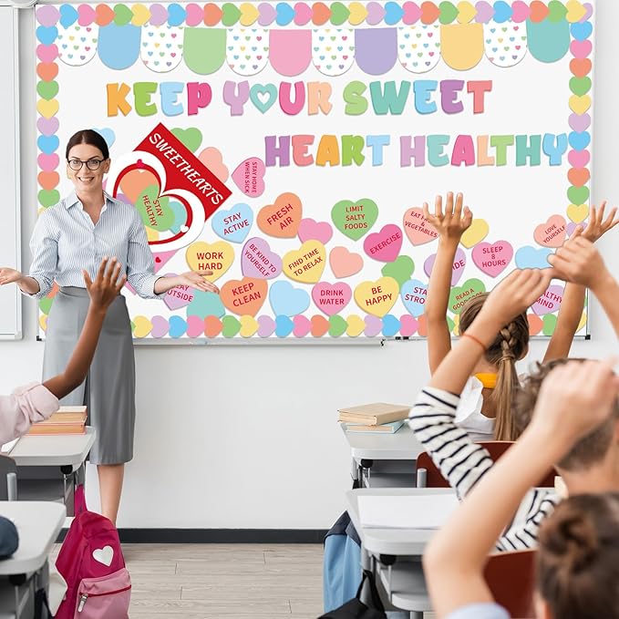 Valentine's Day Health Bulletin Board Set Health Habits Conversation Heart Classroom Decor Sweet Candy Heart Cutouts Pastel Bulletin Board Border for Holiday Party School Home Chalkboard Wall Decor