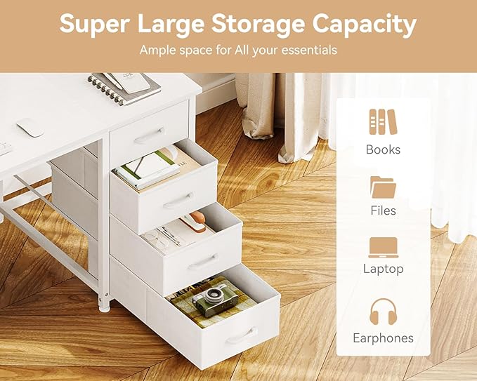 Casaottima 55 Inches Computer Desk with 8 Fabric Drawers, Modern Office Desk with Large Storage for Home Office, Study, White