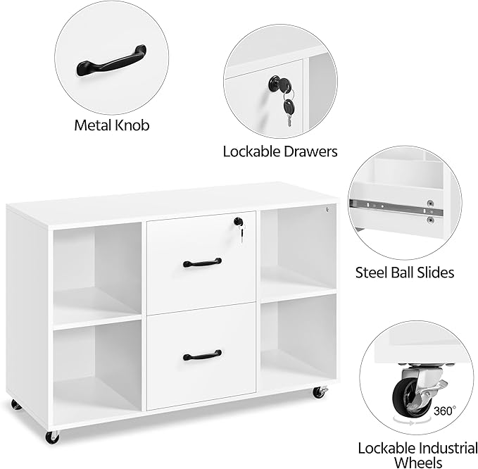 Topeakmart Mobile File Cabinet with 2 Drawers and 4 Open Storage Shelves Large Lateral Filing Cabinet Printer Stand for Home and Office，White