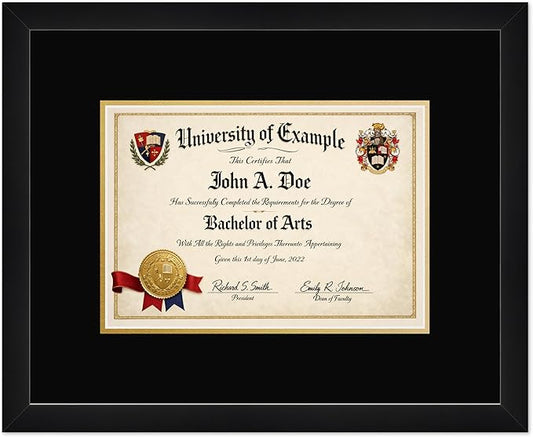 CountryArtHouse Diploma Frame Fits 11.69 x 8.27 A4 Certificate - Keepsake Graduation Display Matte Black Genuine Hardwood with Black Over Metallic Gold Double mat
