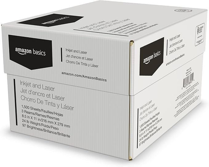 Amazon Basics Multipurpose Copy Printer Paper, 8.5 x 11 Inches, 24 lb Weight, 97 Bright White, 1500 Sheets (3 Packs of 500), for Inkjet and Laser