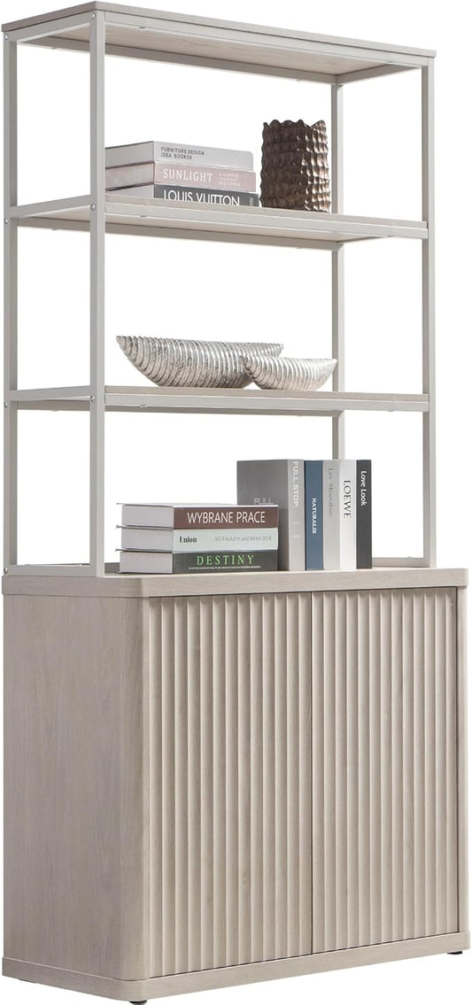 SICOTAS Book Shelf Fluted Bookshelf 71" Tall Bookcase with Doors Storage 5 Tier Mid Century Modern Bookshelves Large Shelves Metal Book Cases for Living Room Office Bedroom Kitchen Library