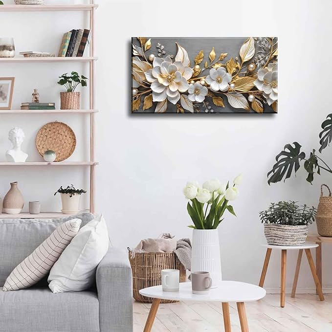 Large Living Floral Canvas Wall Art Gold White Plant Abstract Decor painting Pictures Modern Nordic Botanical Flowers Posters Prints for Bathroom Bedroom Office Hallway Home Decoration