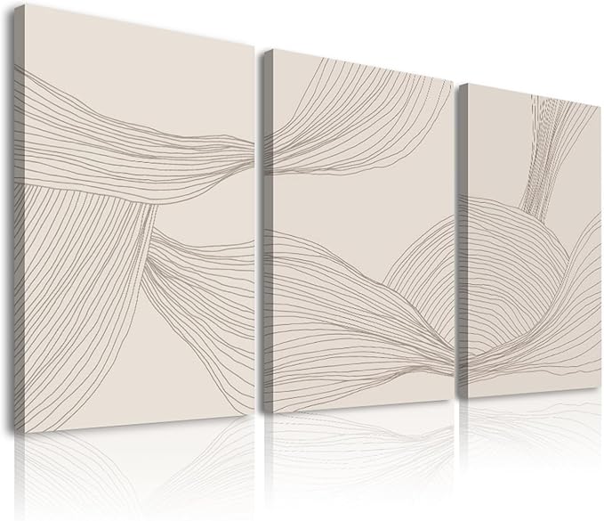 Netural Abstract Wall Art Set of 3,Beige Tones Line Art Prints,Modern Abstract Art Wall Decor Living Room,Minimlist Boho Framed Canvas Artwork,Bohemian Bathroom Bedroom Decor,12x16in
