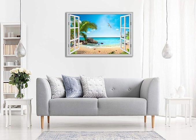 Large Beach Pictures Wall Art Canvas Print Artwork Blue Ocean Palm Tree Seascape Decor Living Room Bedroom Office with Framed 32 x48